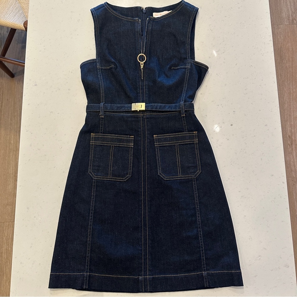 Tory Burch Dark Blue Denim Dress Size 0 NWOT Viral Fitted Trendy